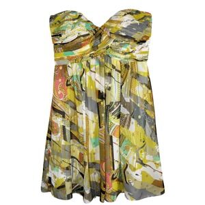 Calvin Klein Dress Womens 12‎ Yellow Strapless Abstract Print Midi Party Chiffon
